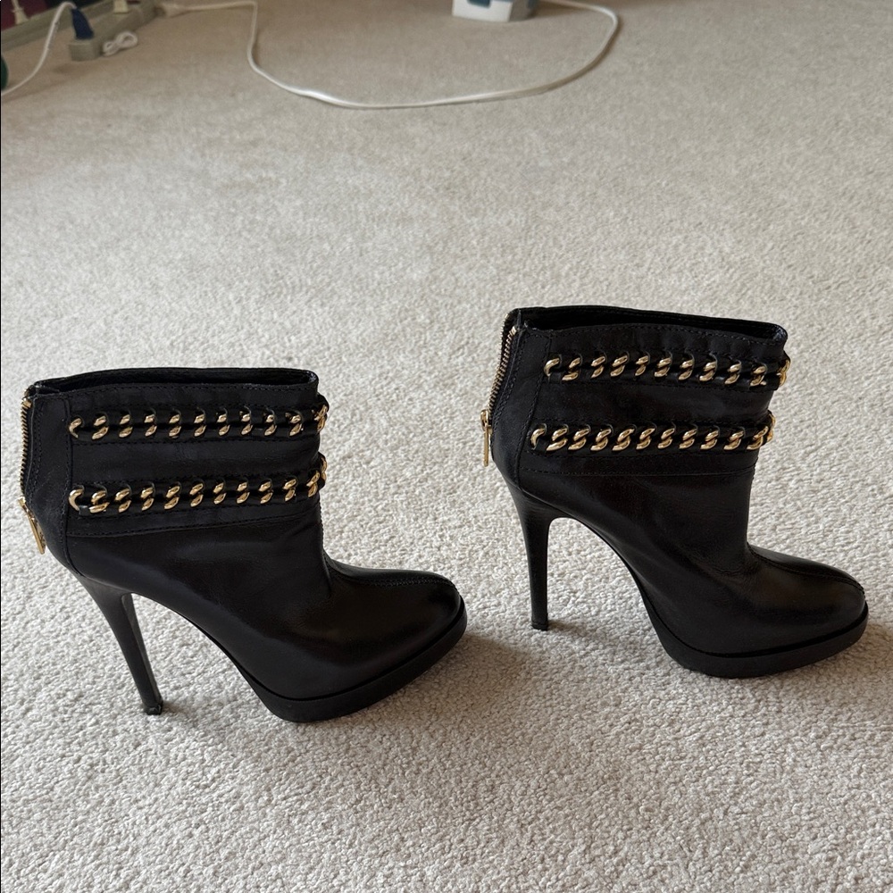 Black High Heel Ankle Boots with Gold Chain Detail